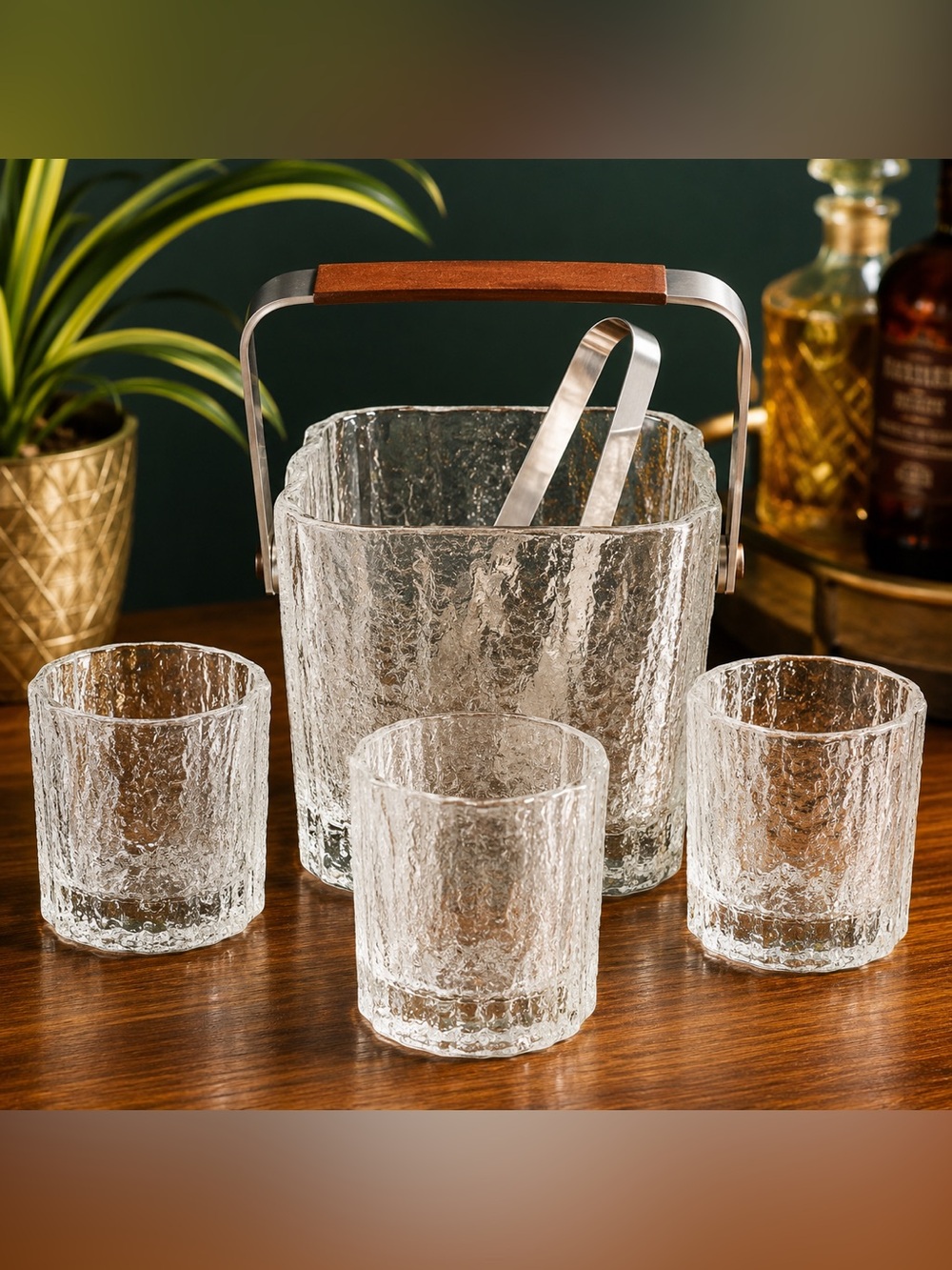 HOYA Japan Ice Bark Textured Glass Ice Bucket Set w/ Original Tongs & 3 Glasses